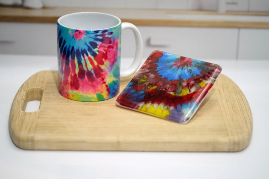 Rainbow (pinks and blues) Tie Dye look 10 oz ceramic sublimation printed mug & matching 4X4 fused glass coaster set seedsglasswork seeds glassworks