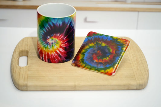 Rainbow Tie Dye look 15 oz ceramic sublimation printed mug & matching 4X4 fused glass coaster set seedsglassworks seeds glassworks