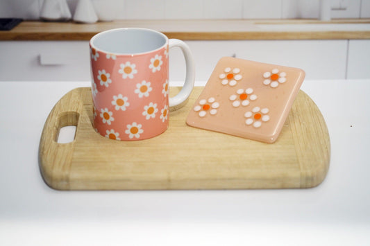 Peachy Ceramic Mug & White Flowers Coaster Set - 10 Ounce Mug, 4 Inch Square Coasters seedsglassworks seeds glassworks