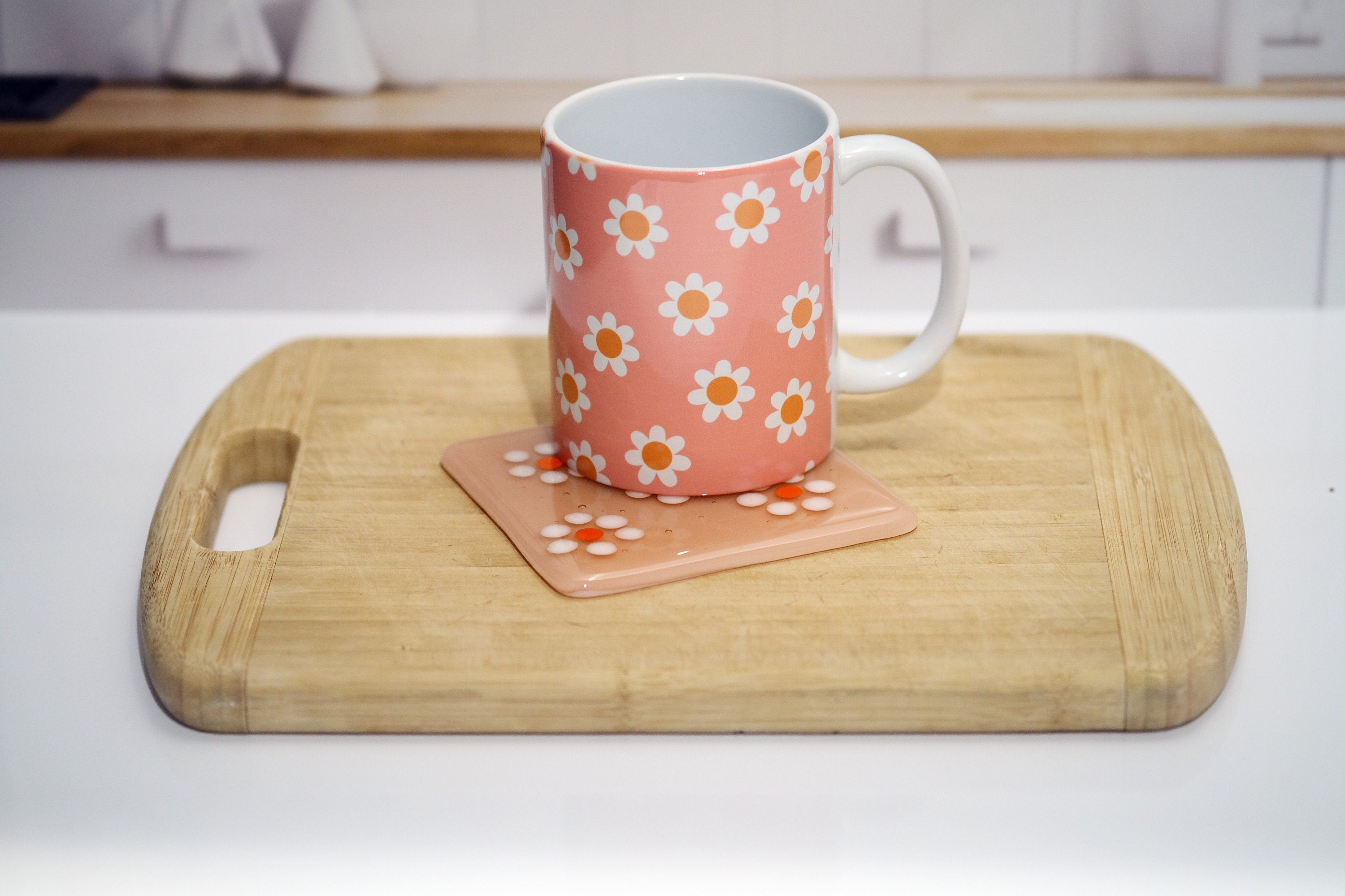Peachy Ceramic Mug & White Flowers Coaster Set - 10 Ounce Mug, 4 Inch Square Coasters