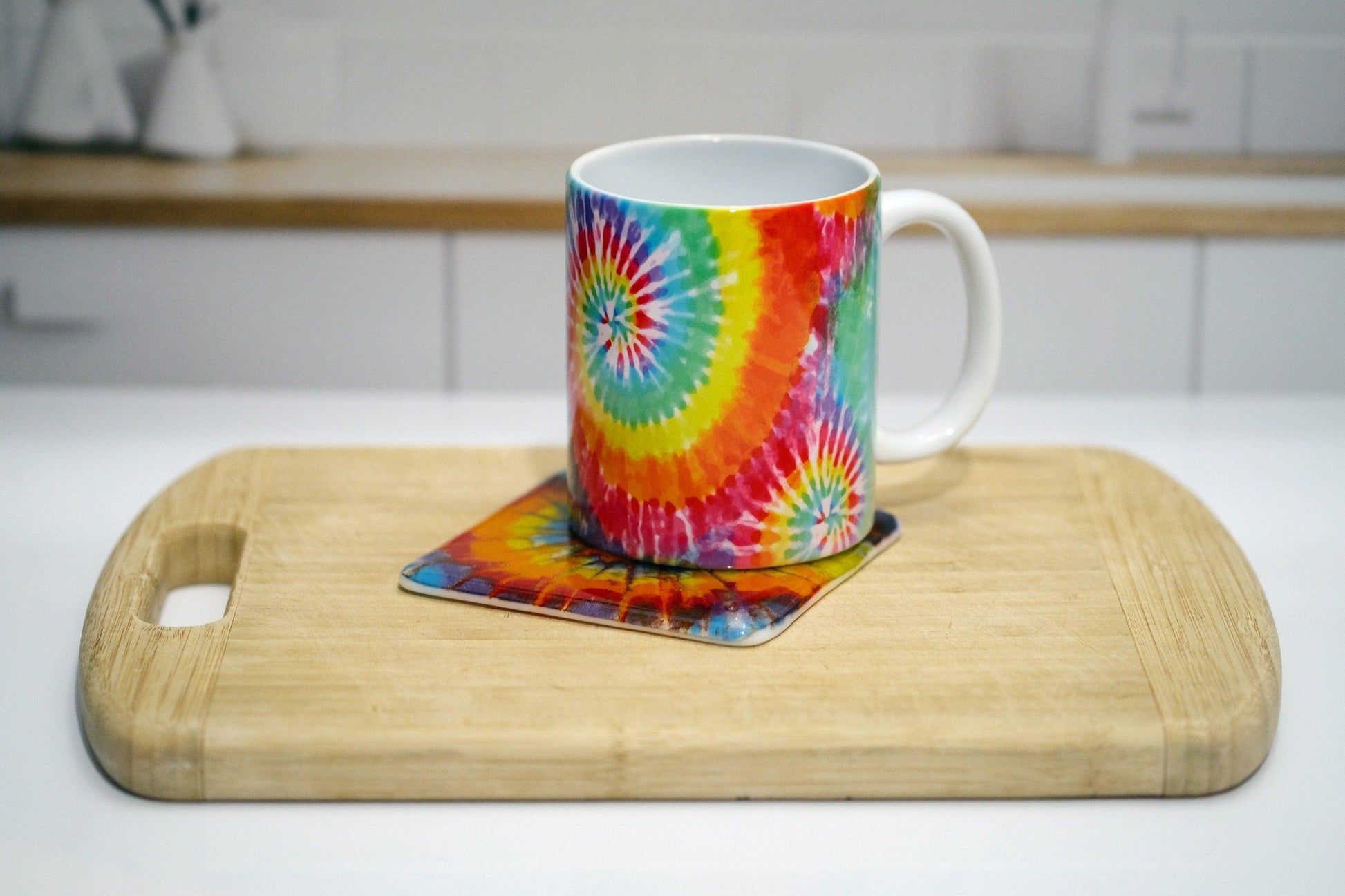 Rainbow Tie Dye look 10 oz ceramic sublimation printed mug & matching 4X4 fused glass coaster set seedsglassworks seeds glassworks