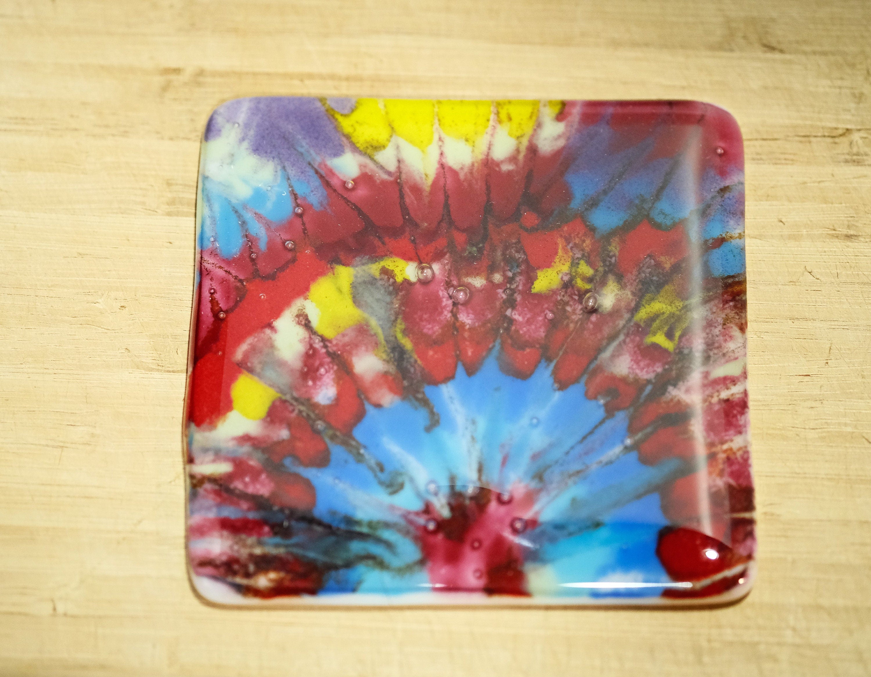 Rainbow (pinks and blues) Tie Dye look 10 oz ceramic sublimation printed mug & matching 4X4 fused glass coaster set