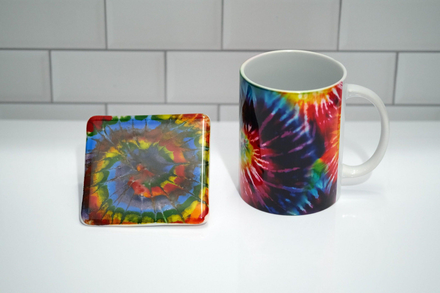 Rainbow Tie Dye look 15 oz ceramic sublimation printed mug & matching 4X4 fused glass coaster set seedsglassworks seeds glassworks