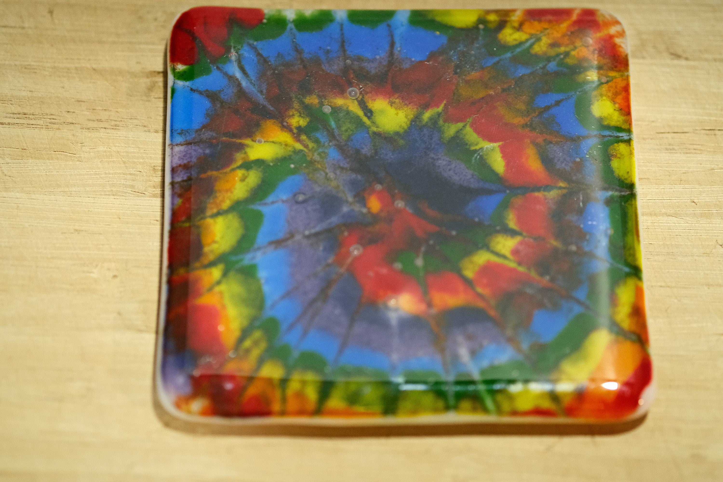 Rainbow Tie Dye look 15 oz ceramic sublimation printed mug & matching 4X4 fused glass coaster set