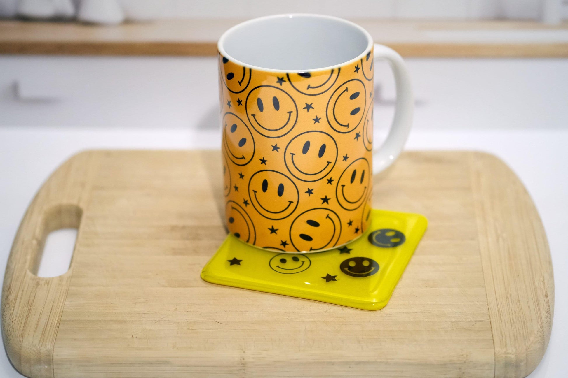 Whimsical Smiley Pattern Combo - 15 oz Mug & Fused Glass Coasters in Orange/Yellow seedsglassworks seeds glassworks