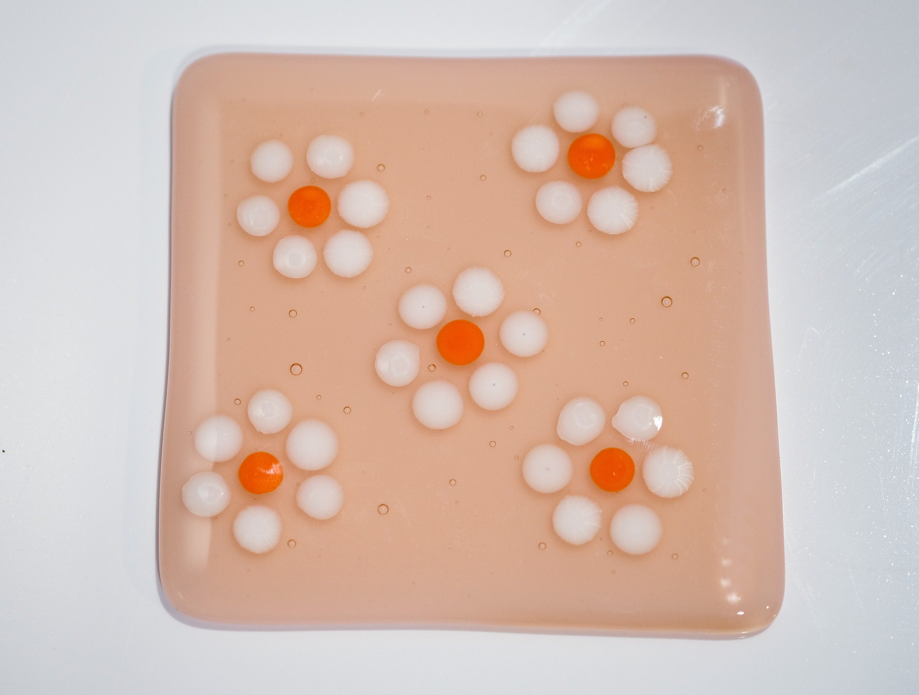 Peachy Ceramic Mug & White Flowers Coaster Set - 10 Ounce Mug, 4 Inch Square Coasters