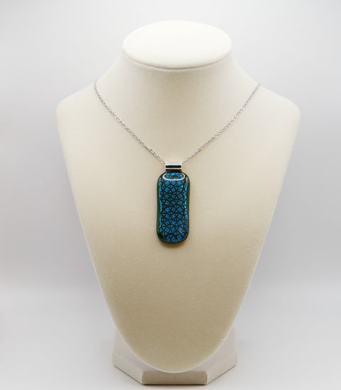 Blue patterned dichroic glass over green fused glass statement pendant necklace on 24 inch chain. 2 x 1 inch pendant seeds glassworks seedsglassworks