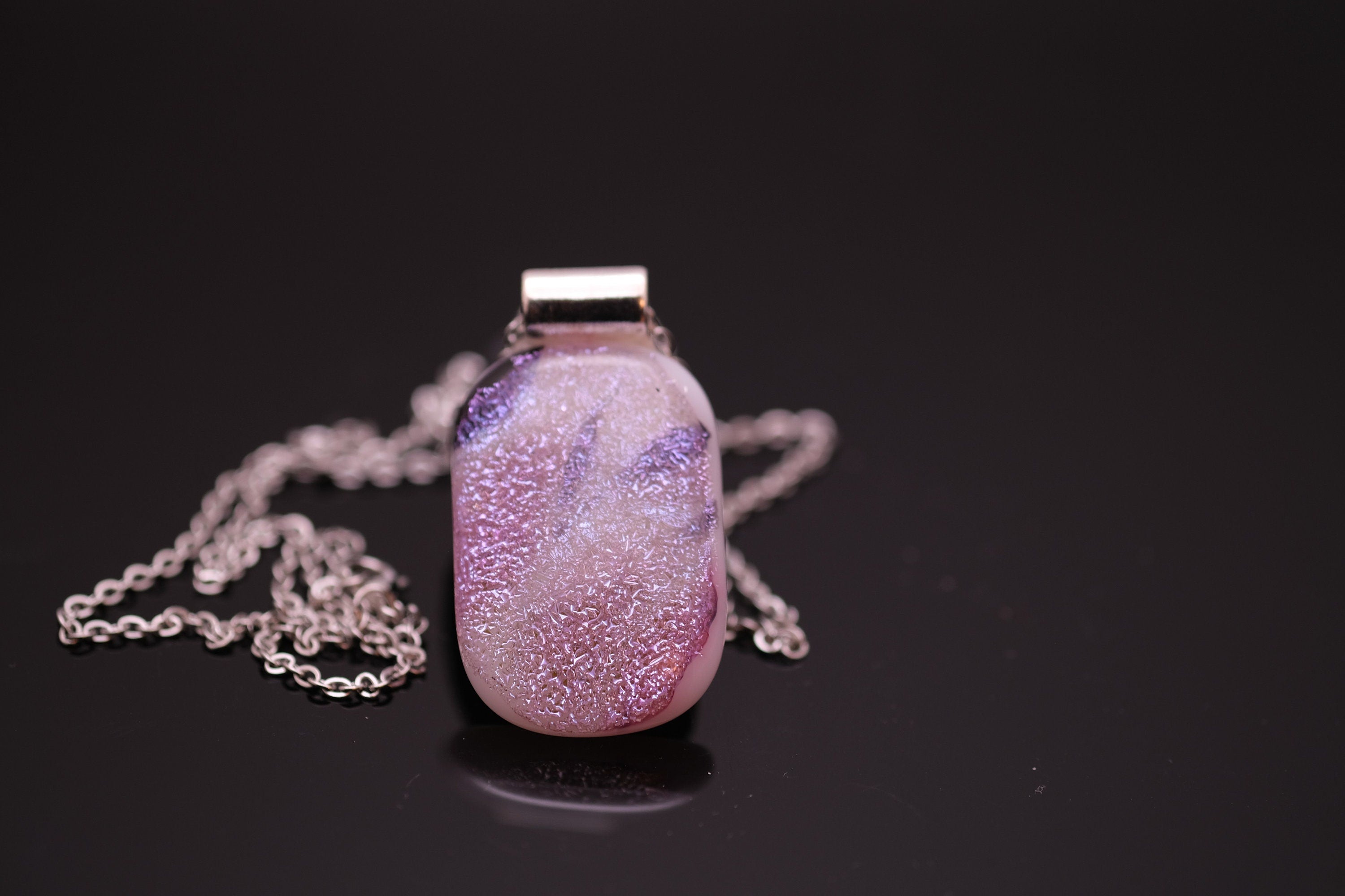 Sparkly Purple Pink White Dichroic Glass Pendant Necklace, Statement Jewelry on 24 inch chain , 1.75 X 1 inch pendant, silver tone bail seeds glassworks seedsglassworks