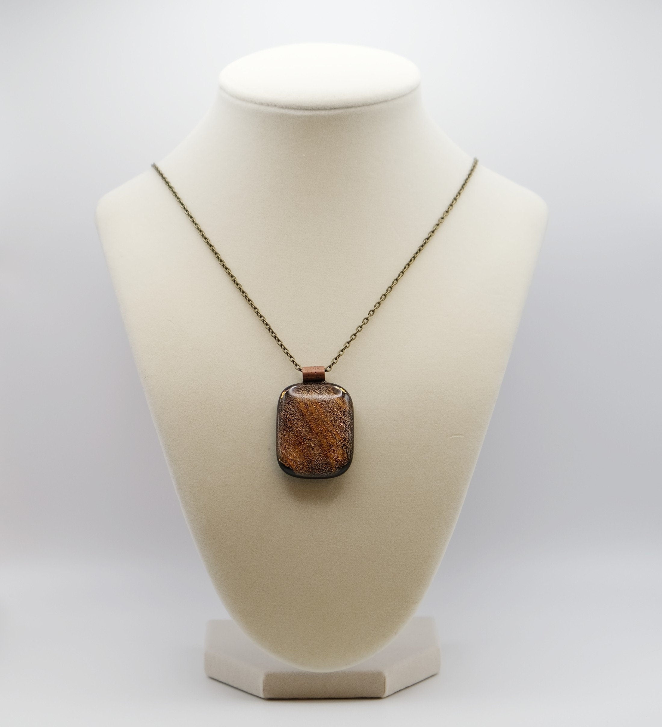 Delicate sparkly Swirls, Dichroic Orange and Black fused Glass Statement Pendant necklace on 24 inch antiqued brass Chain, seeds glassworks seedsglassworks