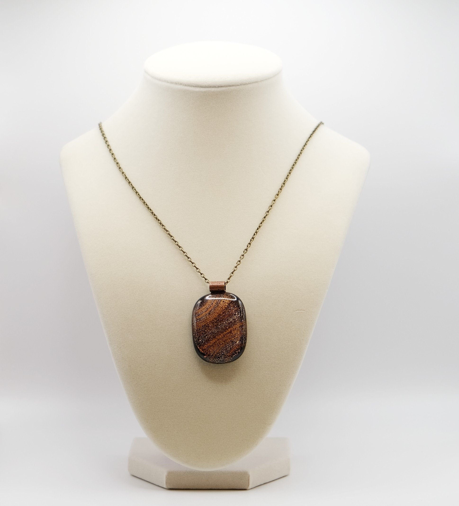 Dichroic Orange and Black Sparkling Swirls fused Glass Statement Pendant necklace on 24 inch antiqued brass Chain, seeds glassworks seedsglassworks