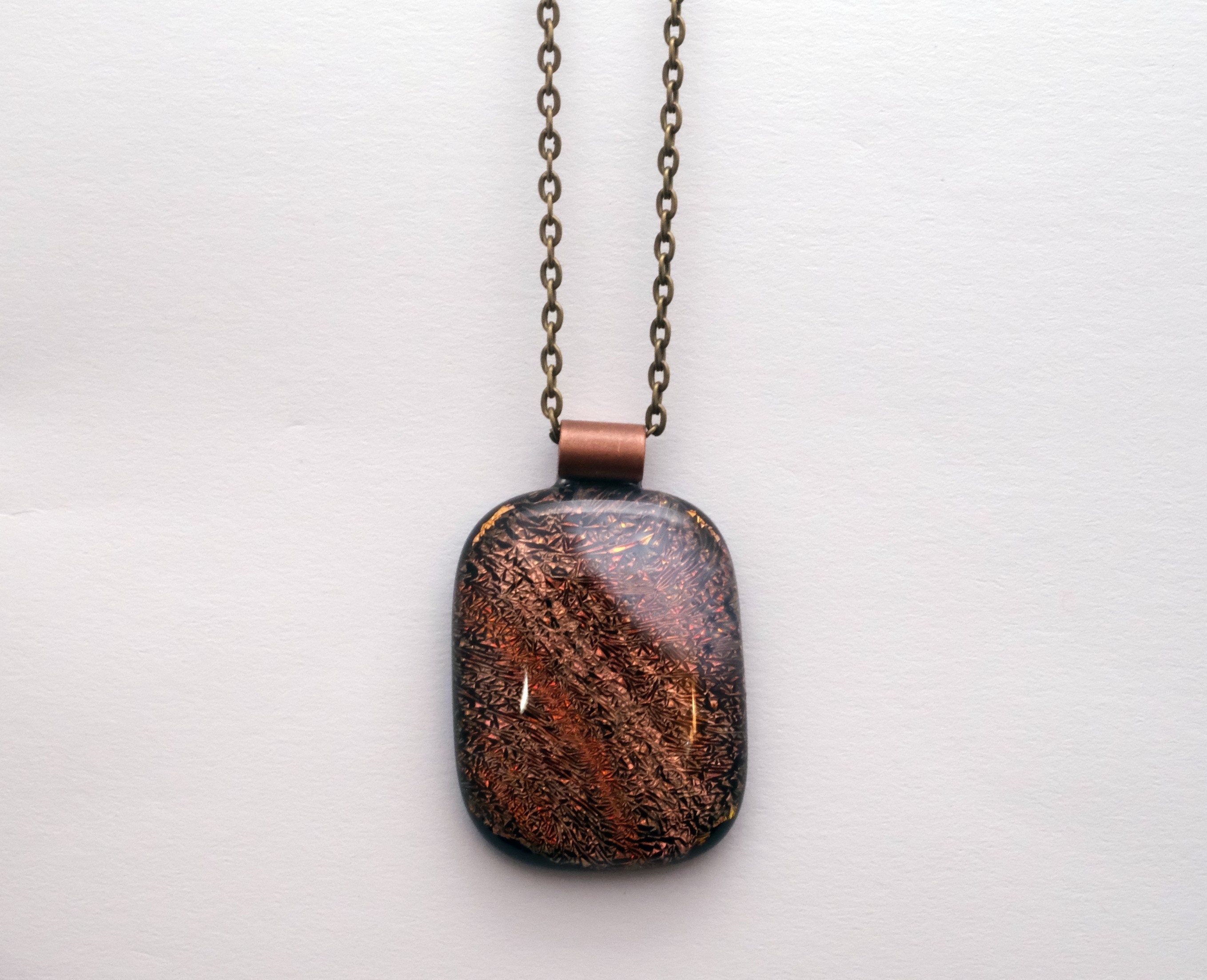 Dichroic Swirly Orange and White Fused Glass Pendant Necklace - Statement Jewelry on 24 Inch Brass Chain, 1.75 x 1.25 inch pendant seeds glassworks seedsglassworks