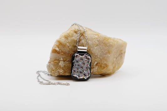 Dazzling Dichroic Rainbow-Silver "bubble look" fused glass statement pendant necklace on 24 inch chain. 1.5 x 1 inch pendant seeds glassworks seedsglassworks