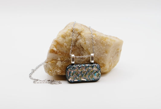 Dazzling Dichroic Rainbow-Silver fused glass statement pendant necklace on 24 inch chain. 1.5 x 1.25 inch pendant seeds glassworks seedsglassworks