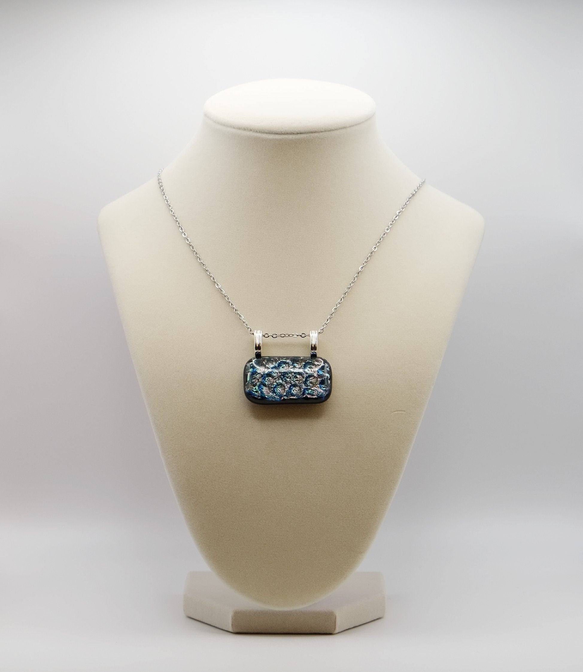 Dazzling Dichroic Rainbow-Silver fused glass statement pendant necklace on 24 inch chain. 1.5 x 1.25 inch pendant Version 2 seeds glassworks seedsglassworks