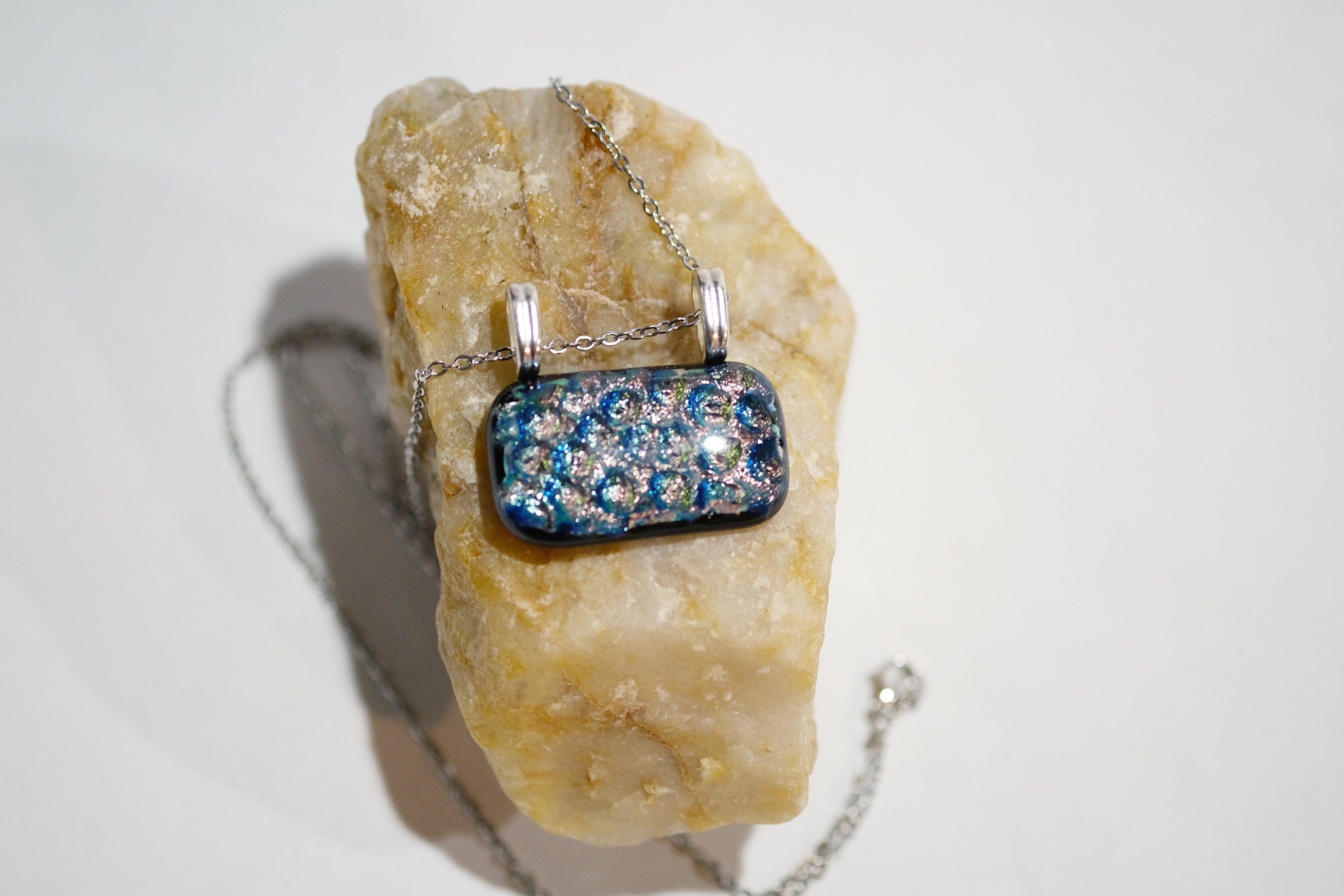Dazzling Dichroic Rainbow-Silver fused glass statement pendant necklace on 24 inch chain. 1.5 x 1.25 inch pendant Version 2 seeds glassworks seedsglassworks