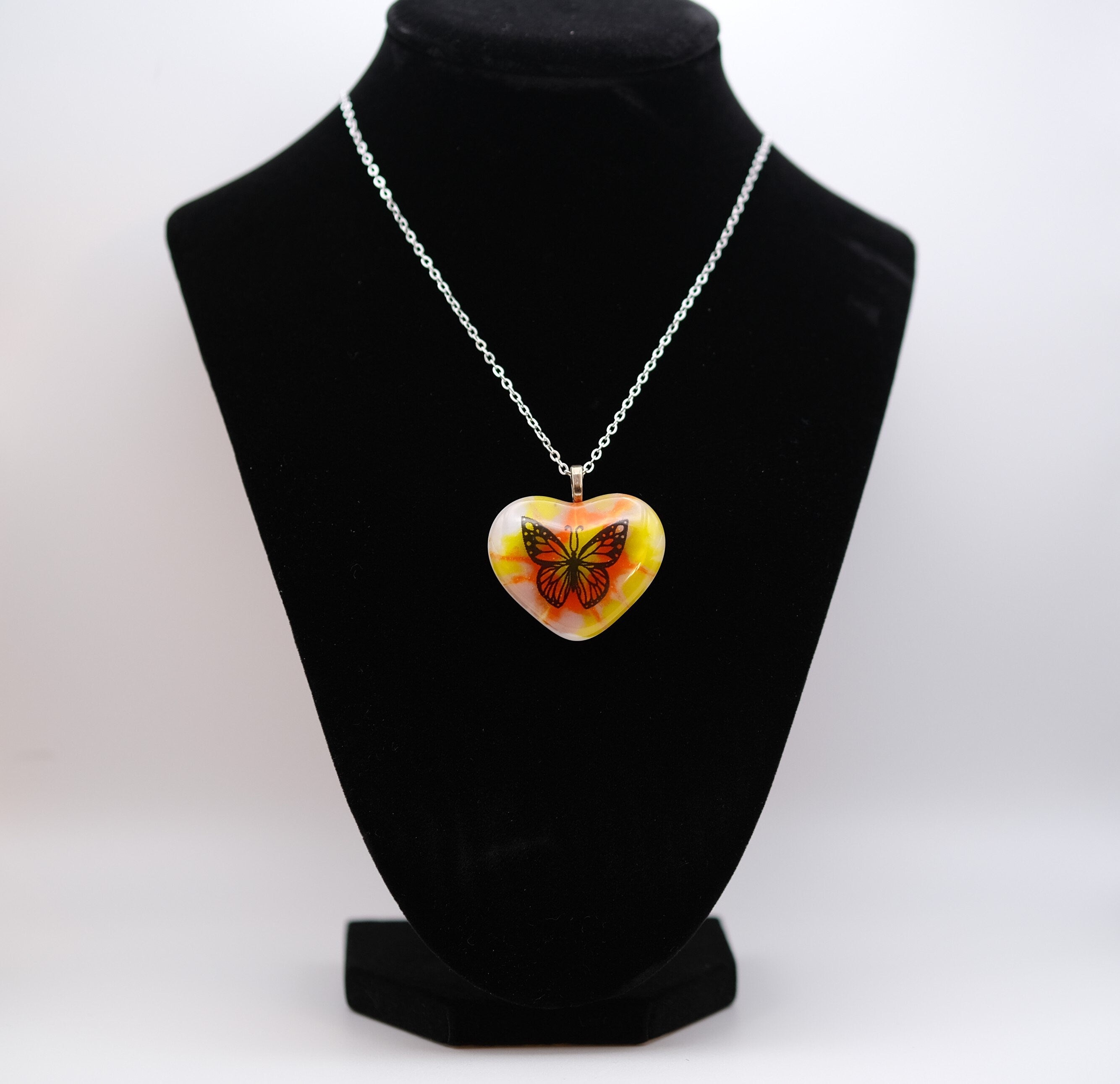 Tie Dye look and Butterfly fused glass Heart Pendant necklace jewelry, rainbow color on 20 inch steel chain seeds glassworks seedsglassworks