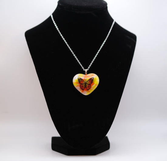 Tie Dye look and Butterfly fused glass Heart Pendant necklace jewelry, rainbow color on 20 inch steel chain seeds glassworks seedsglassworks