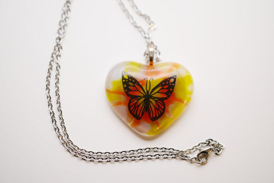 Tie Dye look and Butterfly fused glass Heart Pendant necklace jewelry, rainbow color on 20 inch steel chain seeds glassworks seedsglassworks