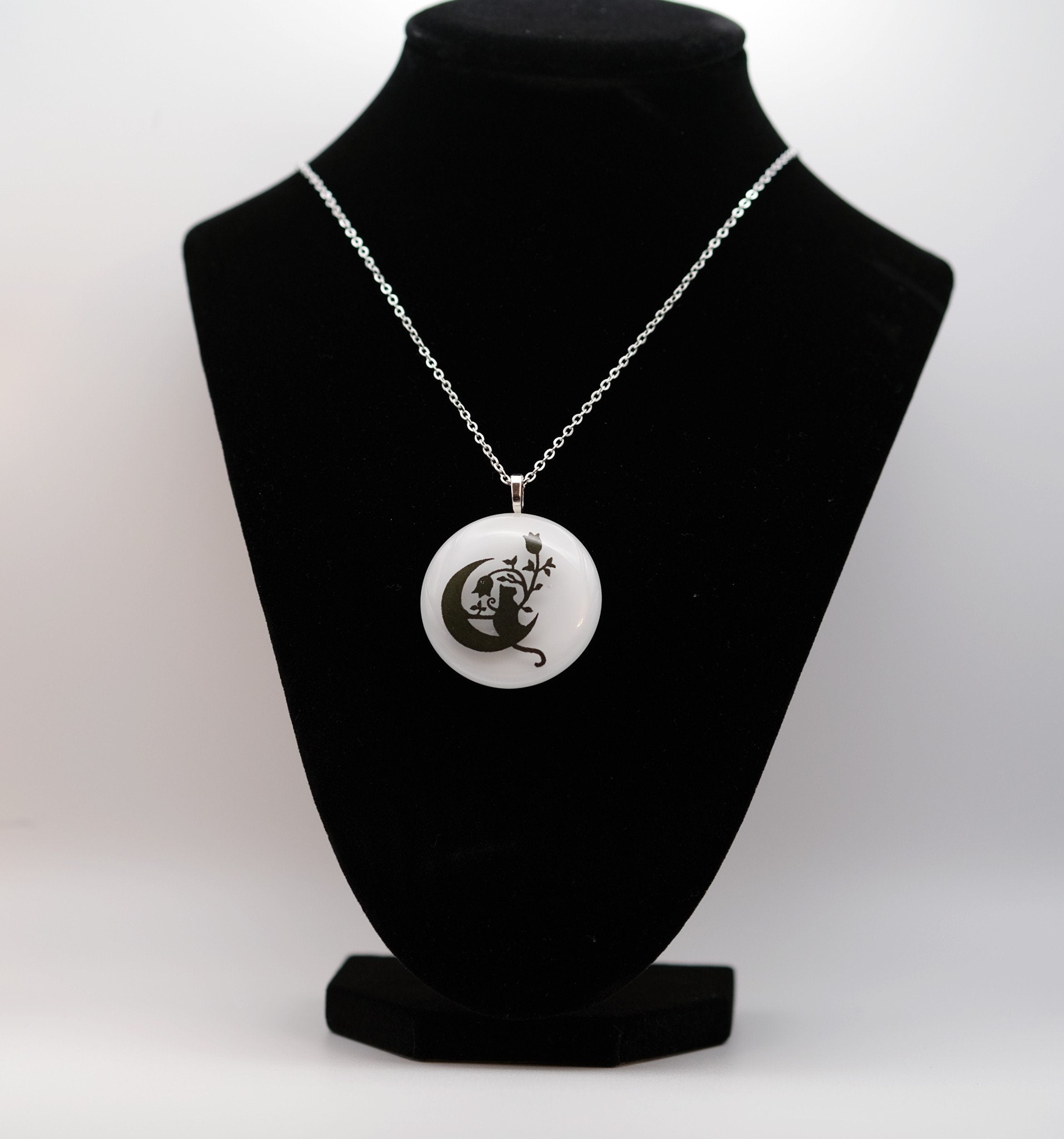 Black Cat sitting on the Moon on White Circle  Fused Glass Pendant on 20 inch chain seeds glassworks seedsglassworks