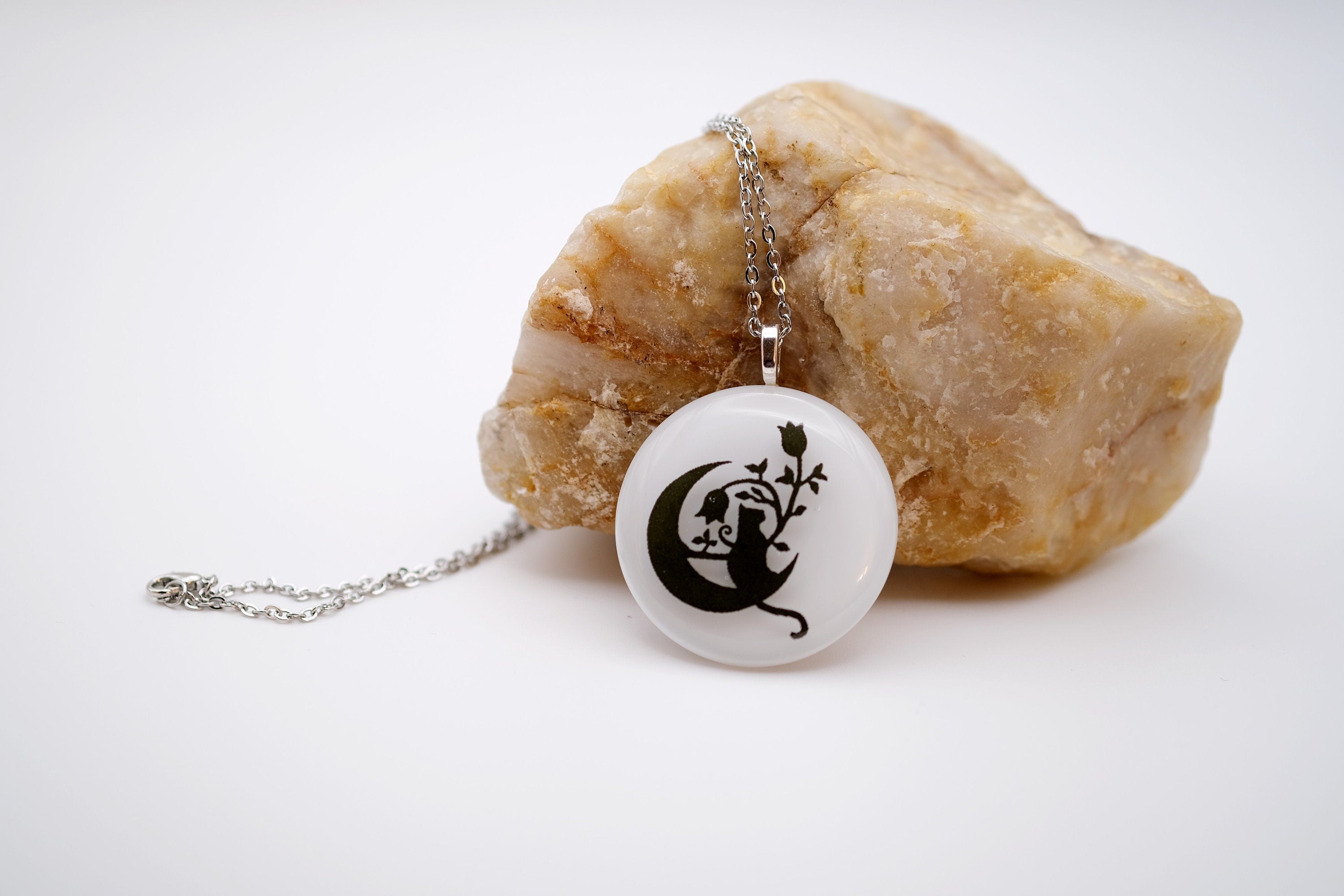 Black Cat sitting on the Moon on White Circle  Fused Glass Pendant on 20 inch chain seeds glassworks seedsglassworks