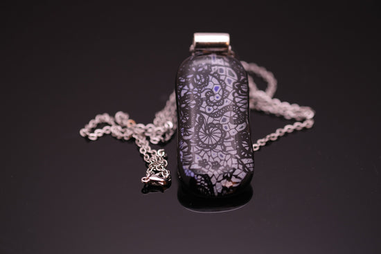 dichroic Black and Silver lace fused glass statement pendant necklace jewelry on 24 inch steel chain. 2 x 1 inch pendant seeds glassworks seedsglassworks