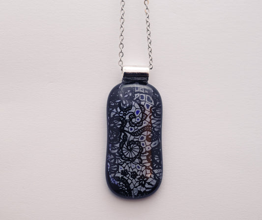 dichroic Black and Silver lace fused glass statement pendant necklace jewelry on 24 inch steel chain. 2 x 1 inch pendant seeds glassworks seedsglassworks