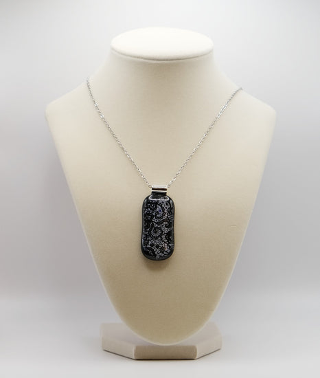 dichroic Black and Silver lace fused glass statement pendant necklace jewelry on 24 inch steel chain. 2 x 1 inch pendant seeds glassworks seedsglassworks