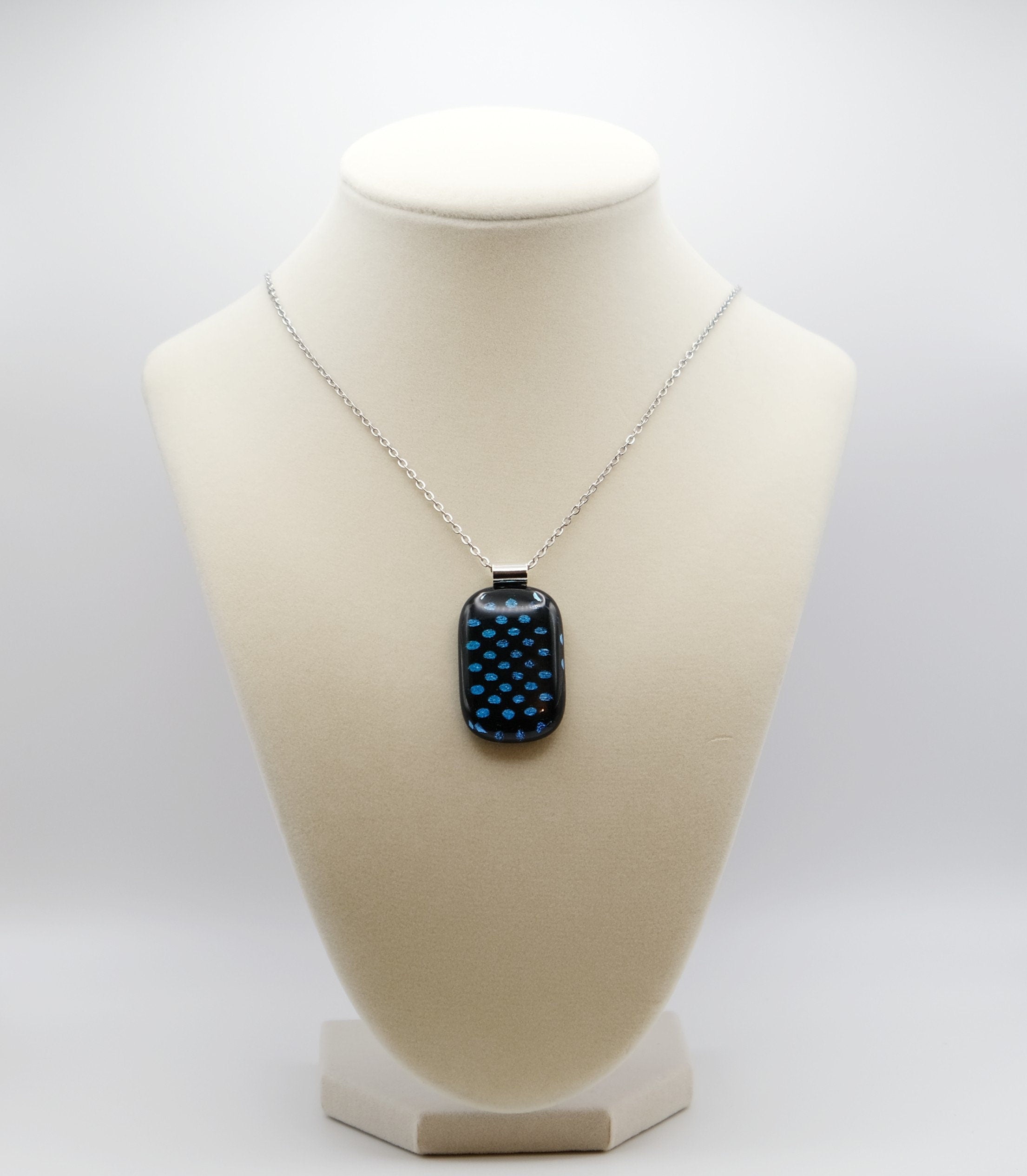 Handcrafted Dichroic Glass Pendant Necklace, Blue Dots on Black, 24 Inch Steel Chain, Statement Jewelry, 1.75  x 1 pendant, seedsglassworks seeds glassworks