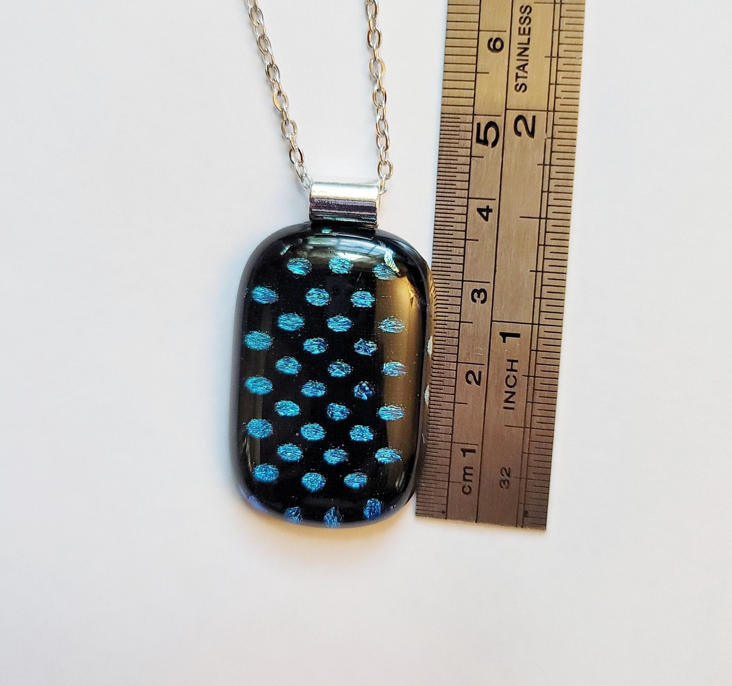 Handcrafted Dichroic Glass Pendant Necklace, Blue Dots on Black, 24 Inch Steel Chain, Statement Jewelry, 1.75  x 1 pendant, seedsglassworks seeds glassworks