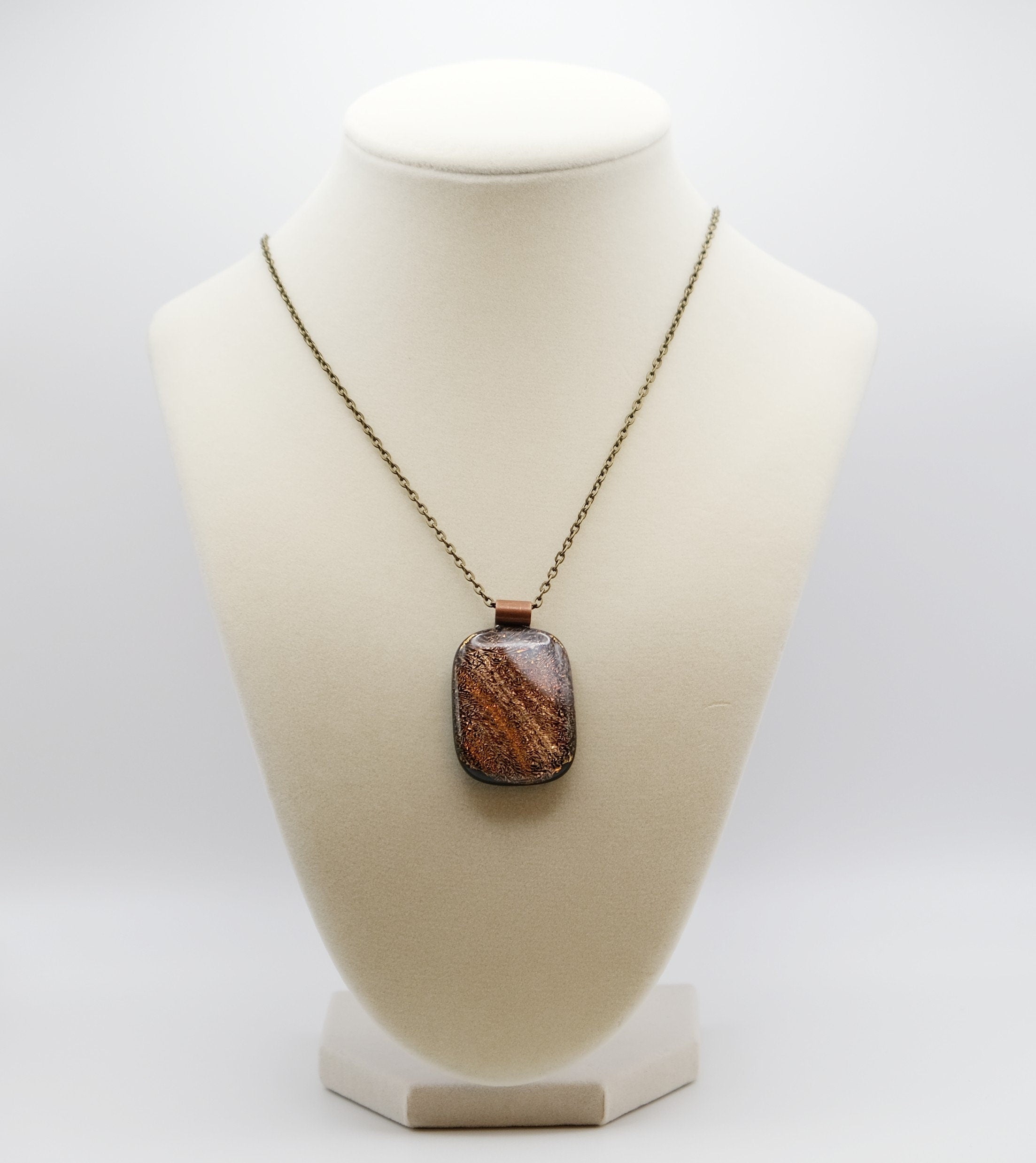 Dichroic Swirly Orange and White Fused Glass Pendant Necklace - Statement Jewelry on 24 Inch Brass Chain, 1.75 x 1.25 inch pendant seeds glassworks seedsglassworks