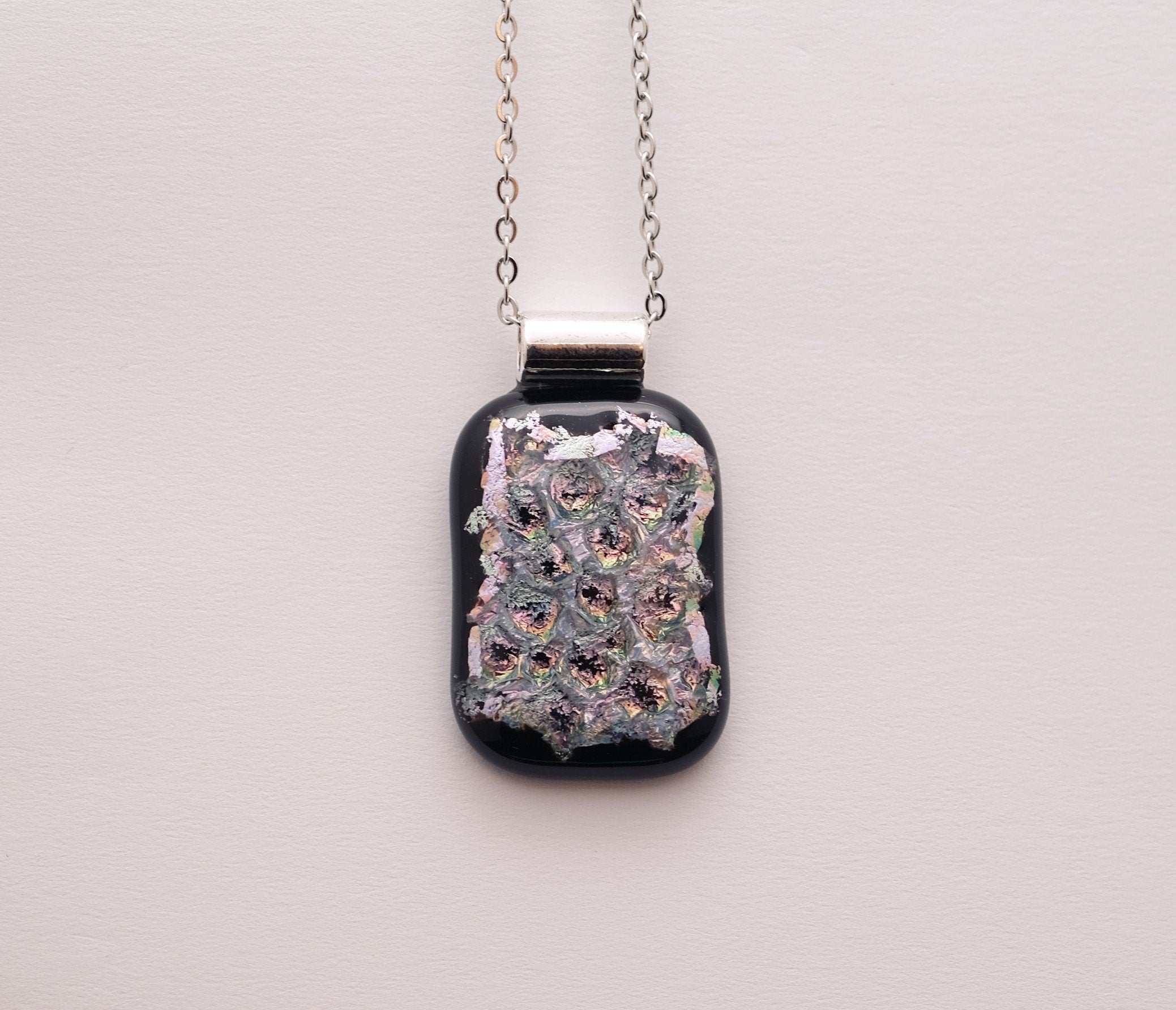 Dazzling Dichroic Rainbow-Silver "bubble look" fused glass statement pendant necklace on 24 inch chain. 1.5 x 1 inch pendant seeds glassworks seedsglassworks