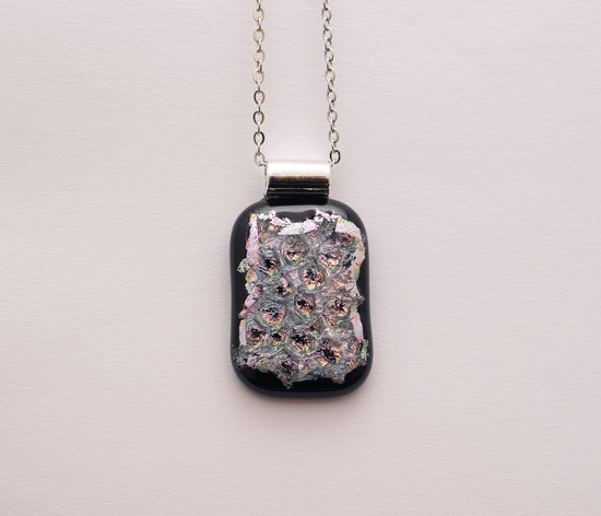 Dazzling Dichroic Rainbow-Silver "bubble look" fused glass statement pendant necklace on 24 inch chain. 1.5 x 1 inch pendant seeds glassworks seedsglassworks