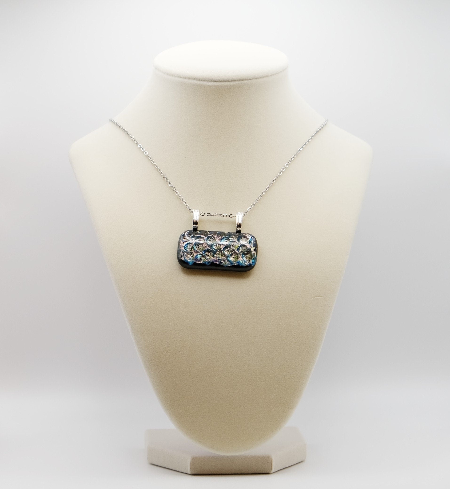 Dazzling Dichroic Rainbow-Silver fused glass statement pendant necklace on 24 inch chain. 1.5 x 1.25 inch pendant seeds glassworks seedsglassworks