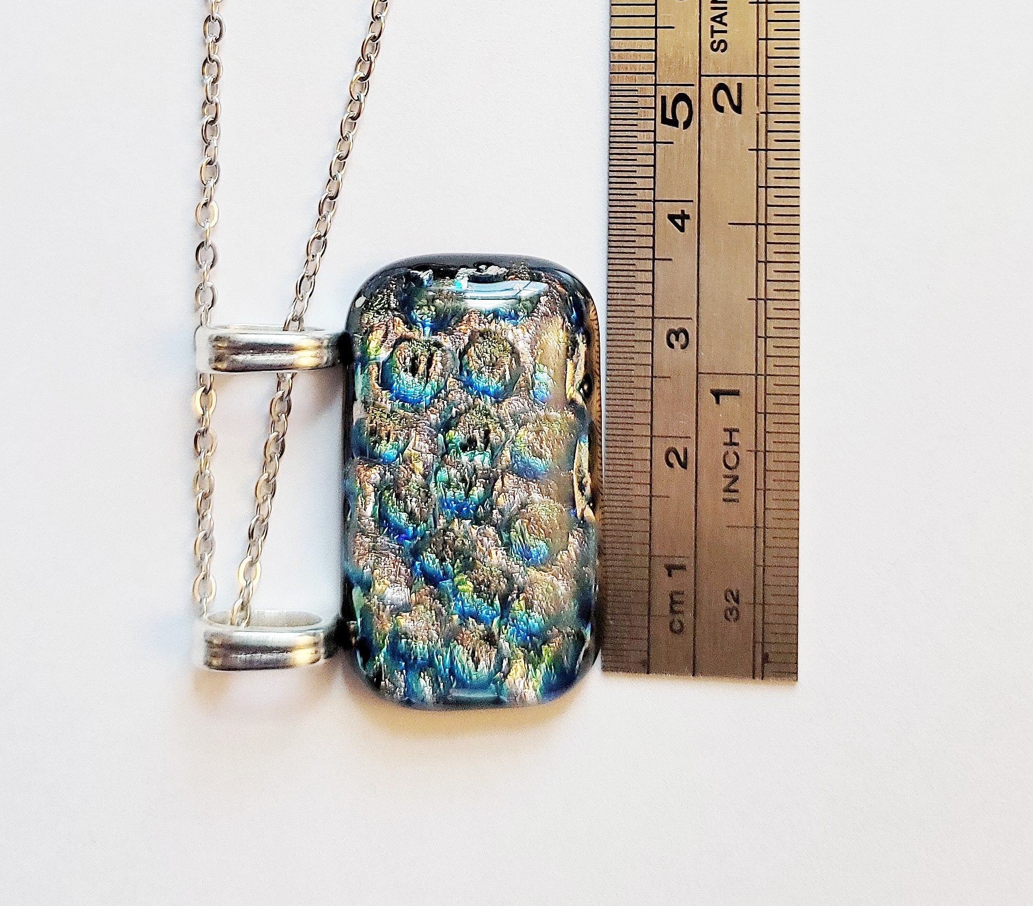 Dazzling Dichroic Rainbow-Silver fused glass statement pendant necklace on 24 inch chain. 1.5 x 1.25 inch pendant Version 2 seeds glassworks seedsglassworks