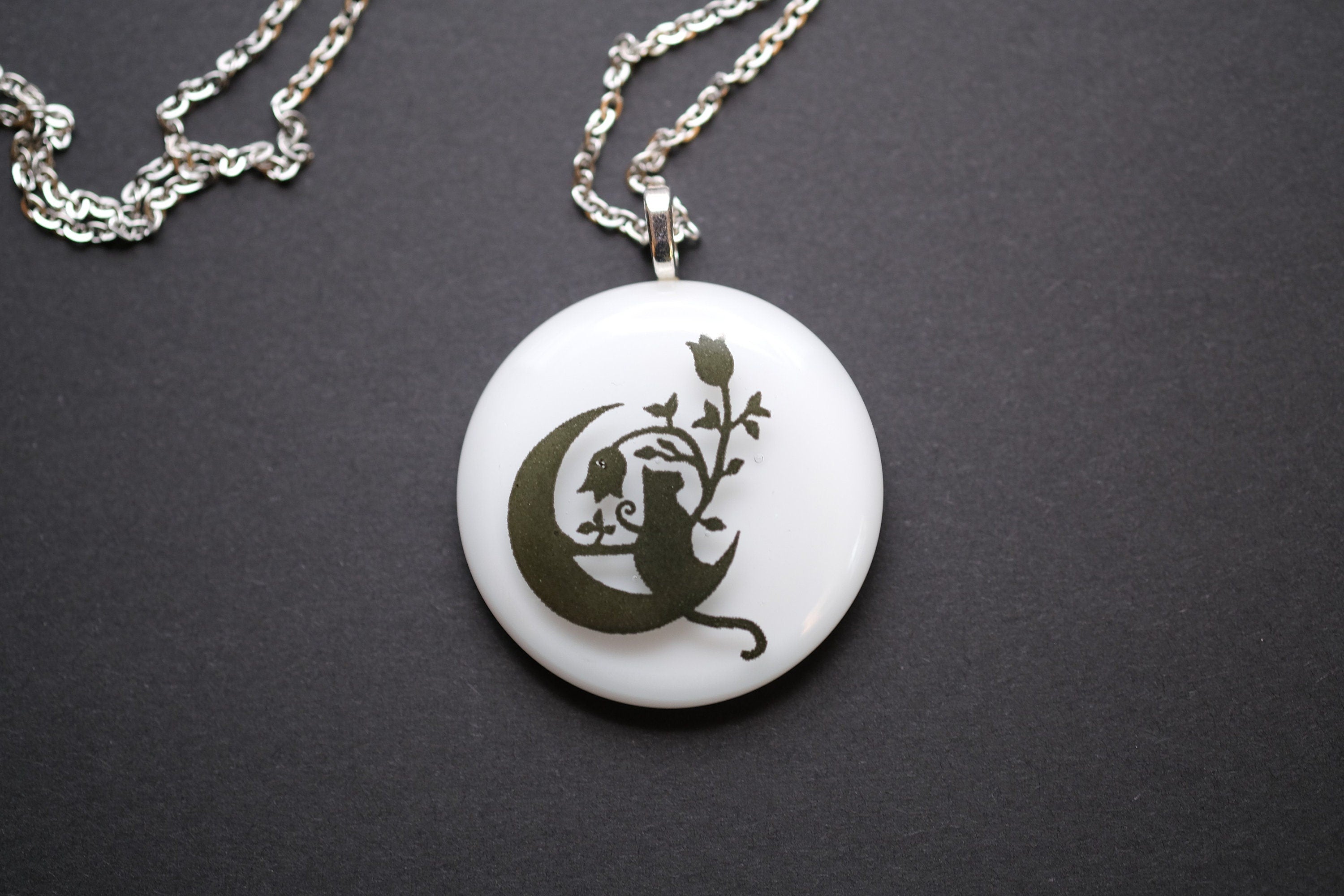 Black Cat sitting on the Moon on White Circle  Fused Glass Pendant on 20 inch chain seeds glassworks seedsglassworks
