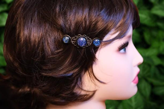 Barrette pair, bronze flowers with blue dichroic fused glass cabochons, french clip, 2 1/4 inches seeds glassworks seedsglassworks