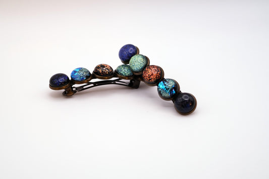 Barrette pair, bronze colored with 5 (blues, orange and green) colored fused glass cabochons, french clip, 2 3/4 inches seeds glassworks seedsglassworks