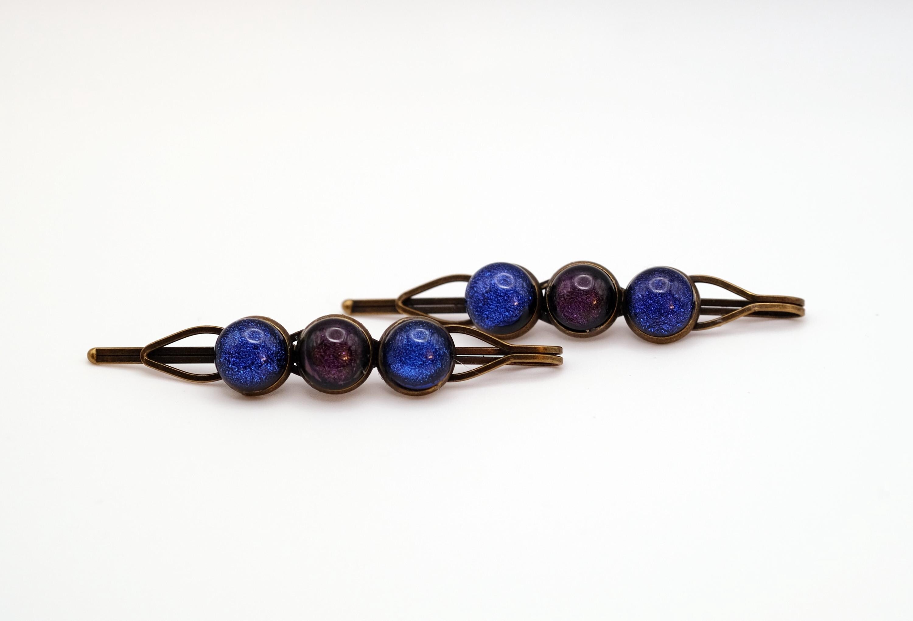 Bronze colored Bobby pin pair with 3 colored fused glass cabochons (shades of Purple & Blue), 3 inches seeds glassworks seedsglassworks