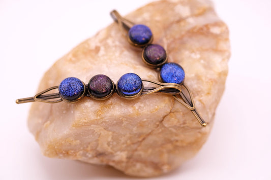 Bronze colored Bobby pin pair with 3 colored fused glass cabochons (shades of Purple & Blue), 3 inches seeds glassworks seedsglassworks