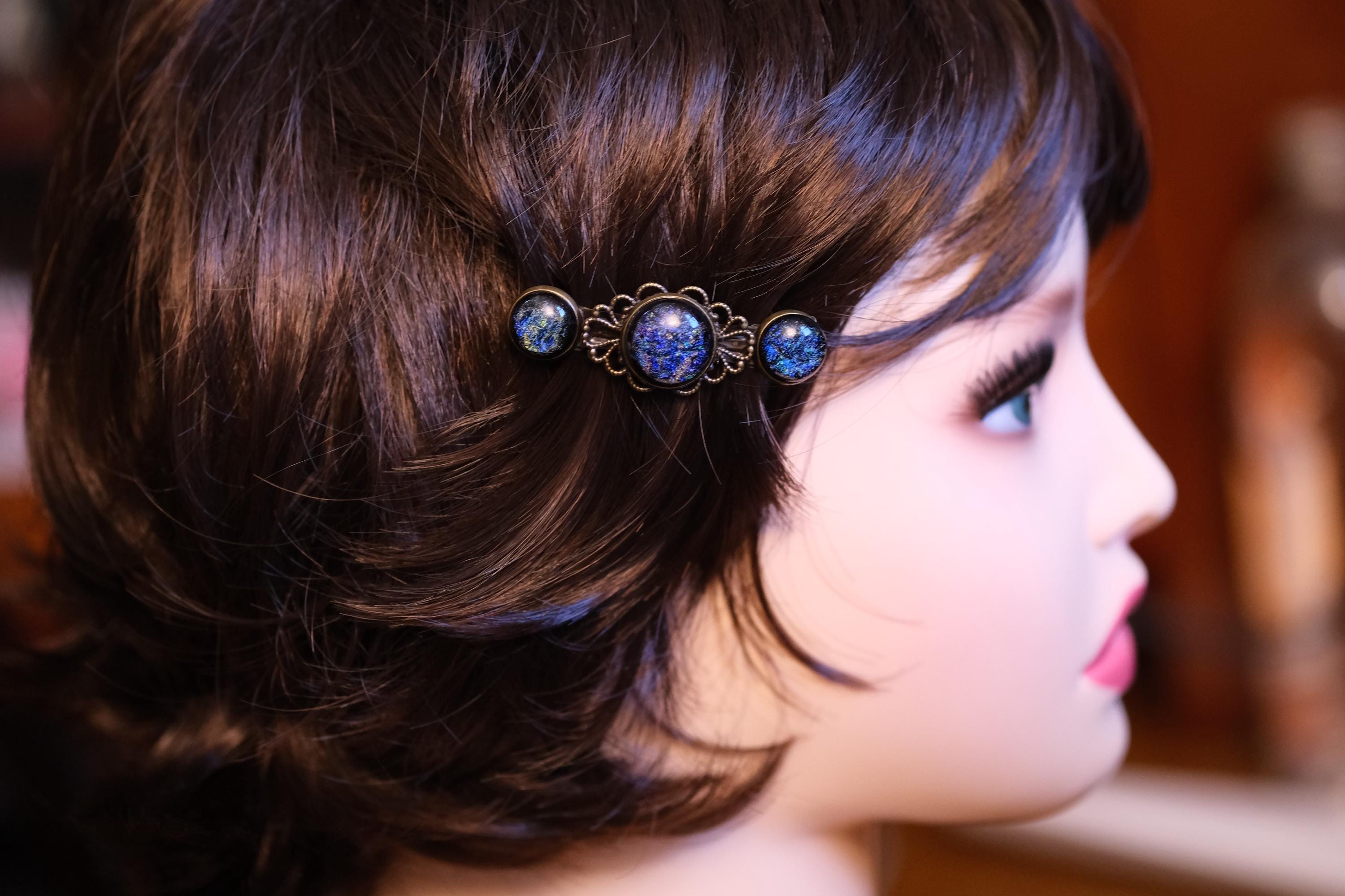 Barrette pair, bronze flowers with blue base and multicolor dichroic fused glass cabochons, french clip, 2 1/4 inches. unique hair jewelry seeds glassworks seedsglassworks