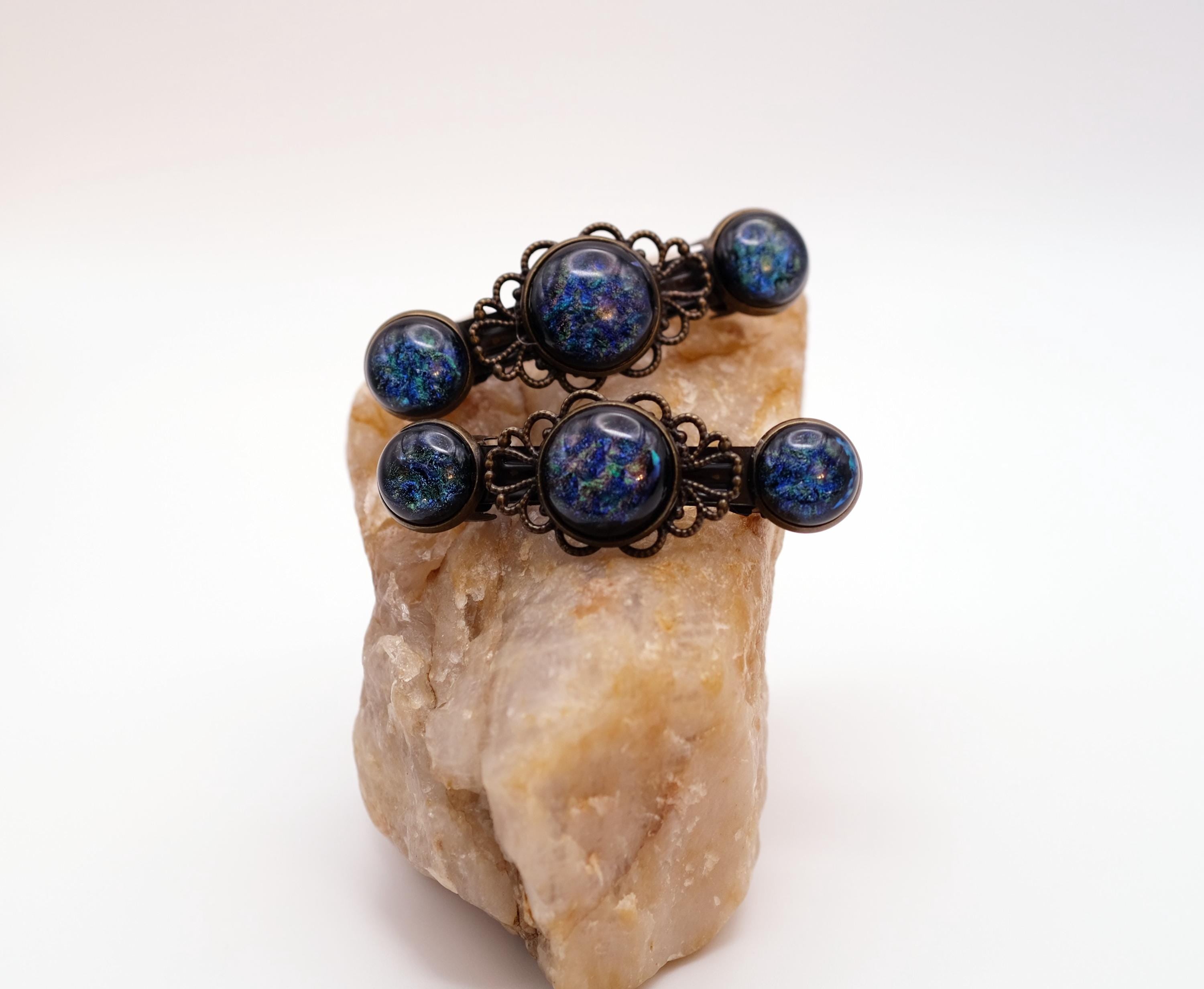 Barrette pair, bronze flowers with blue base and multicolor dichroic fused glass cabochons, french clip, 2 1/4 inches. unique hair jewelry seeds glassworks seedsglassworks
