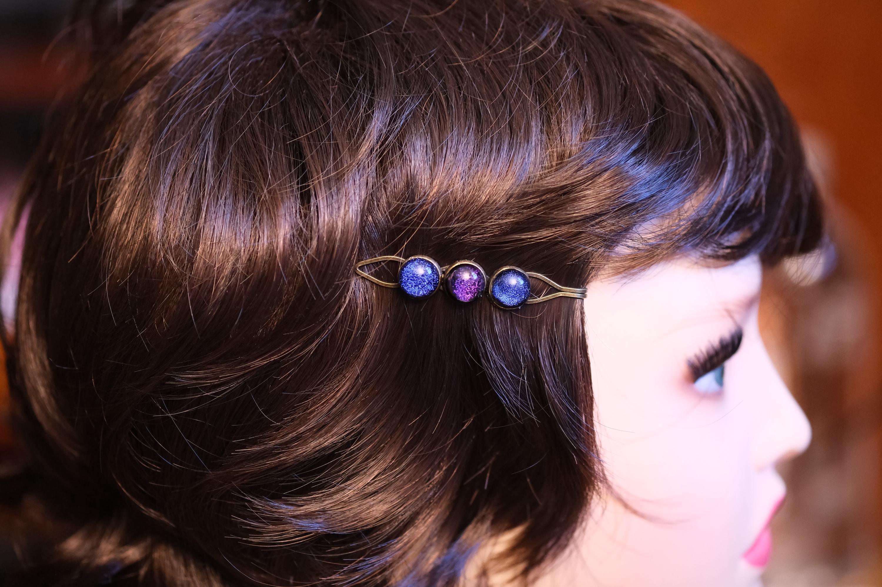 Bronze colored Bobby pin pair with 3 colored fused glass cabochons (shades of Purple & Blue), 3 inches seeds glassworks seedsglassworks