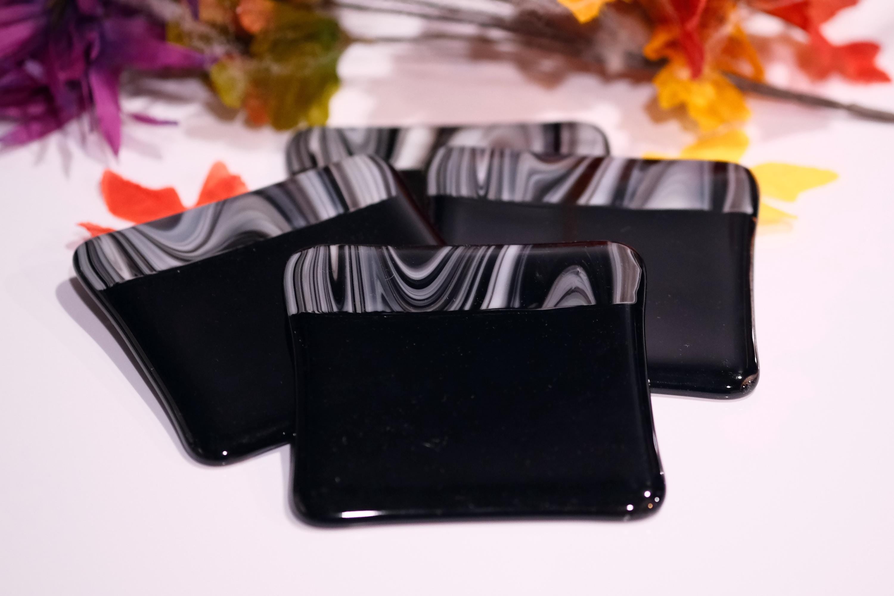 boarder fused glass drink coaster, set of 4, handmade, housewarming gift, home décor, halloween seedsglassworks seeds glasswork