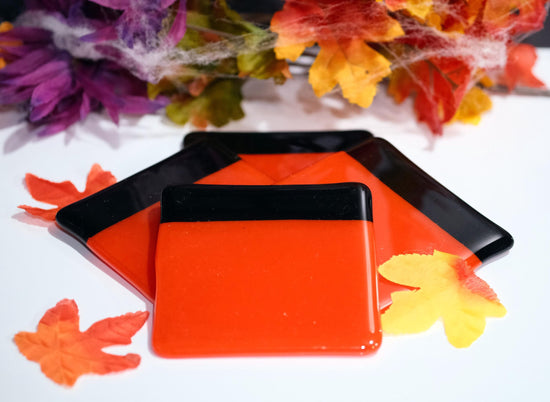 Vibrant reddish orange with black boarder fused glass drink coaster, set of 4, handmade, housewarming gift, home décor, halloween seeds glassworks seedsgalssworks