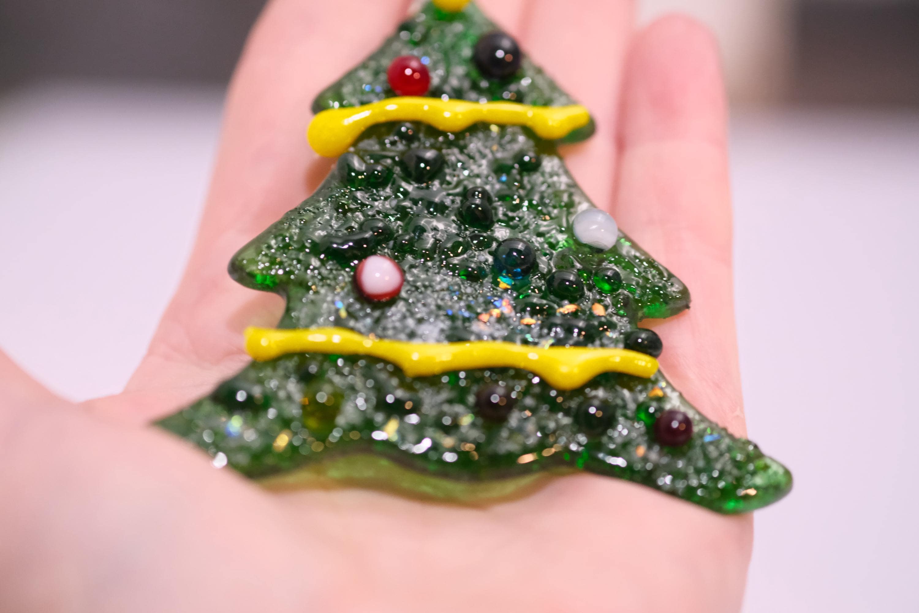 Whimsical Green Fused Glass Christmas Tree Ornament with Yellow Garland | 3.5 inches