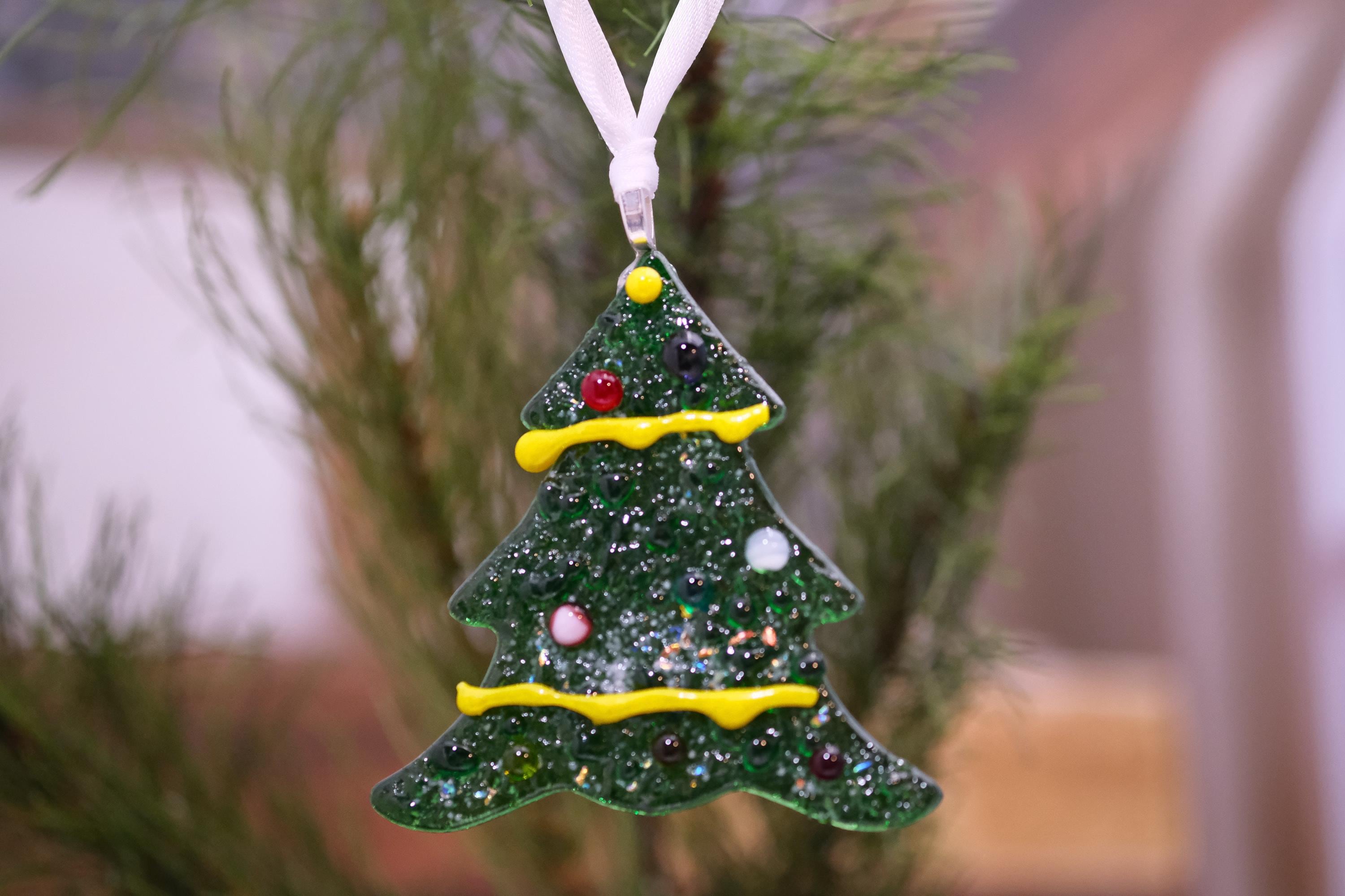 Whimsical Green Fused Glass Christmas Tree Ornament with Yellow Garland | 3.5 inches
