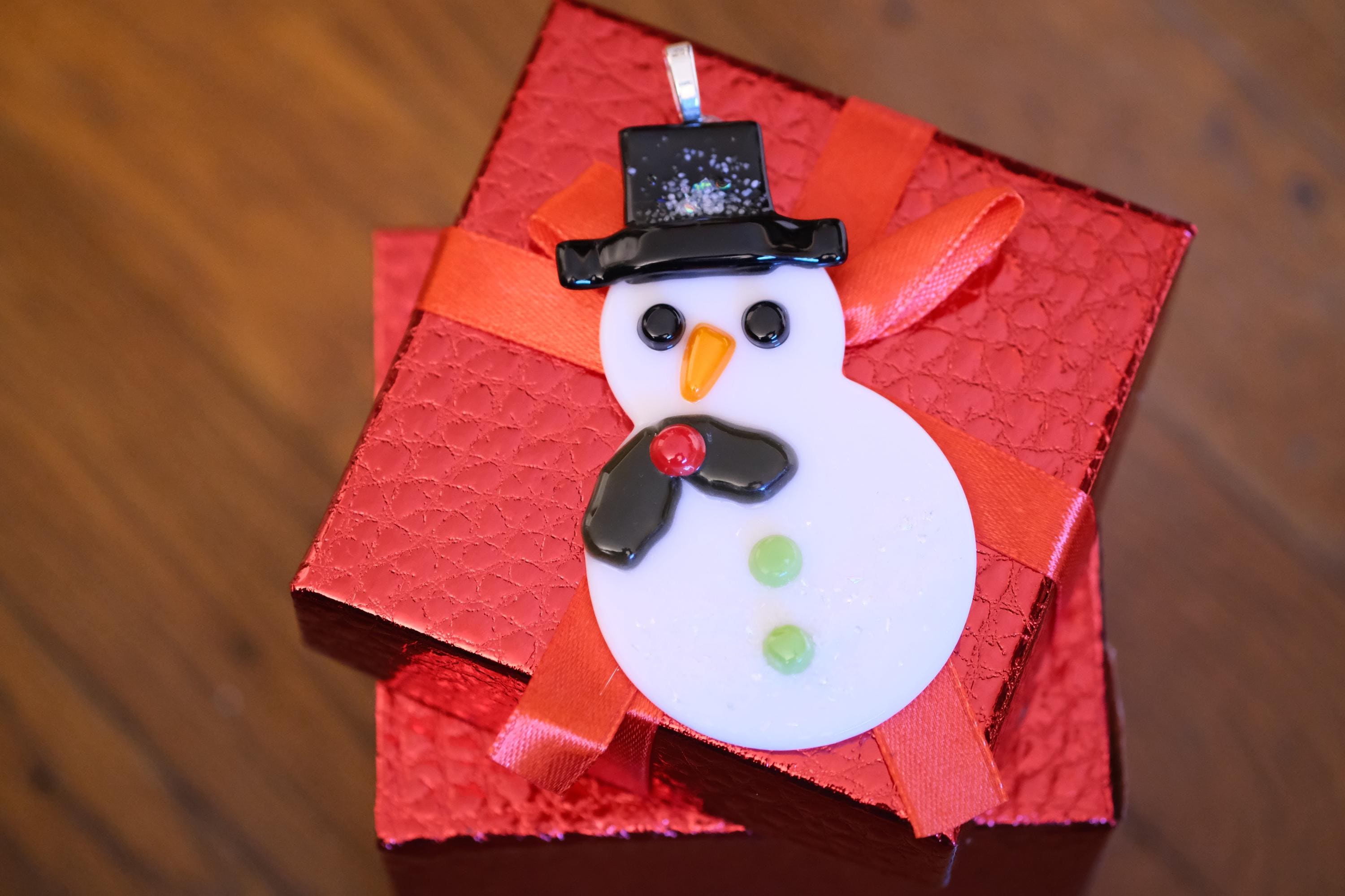 Charming Snowman Fused Glass Ornament - White with Black Hat & Holly - 4 inch Decor