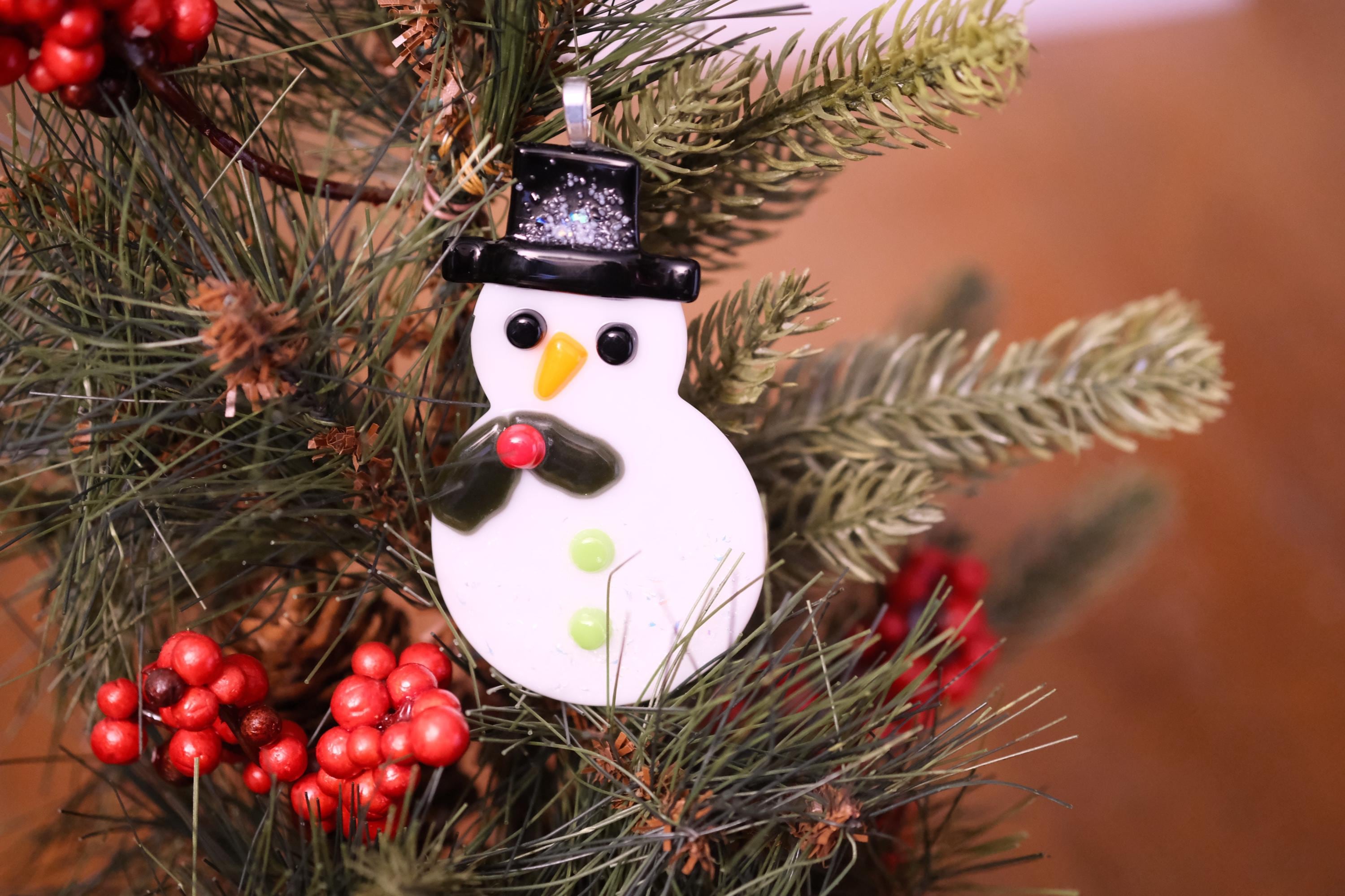 Charming Snowman Fused Glass Ornament - White with Black Hat & Holly - 4 inch Decor