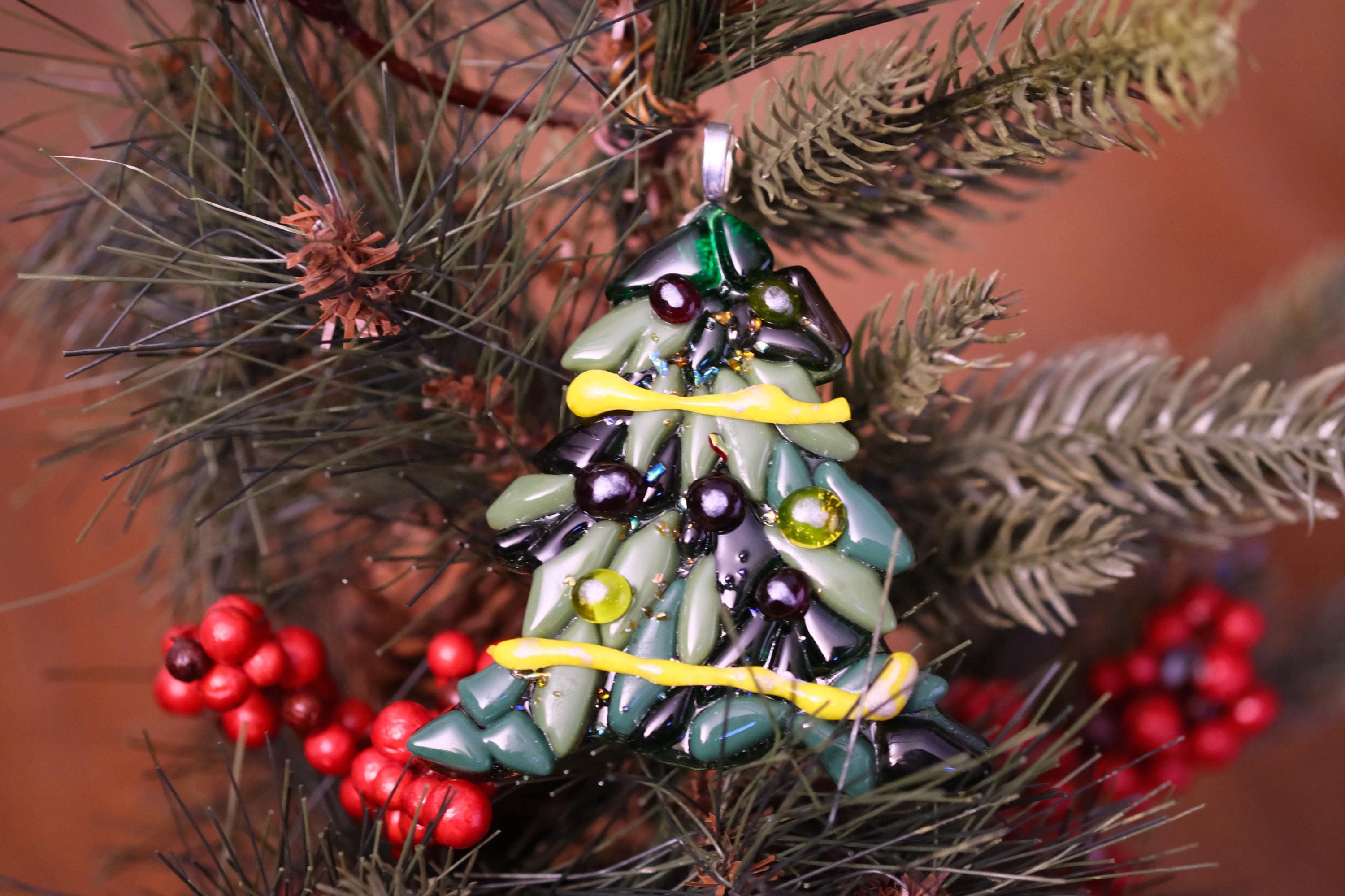 Fused Glass Christmas tree shaped ornament, multi shades of green, dimensional, 3.5 inches