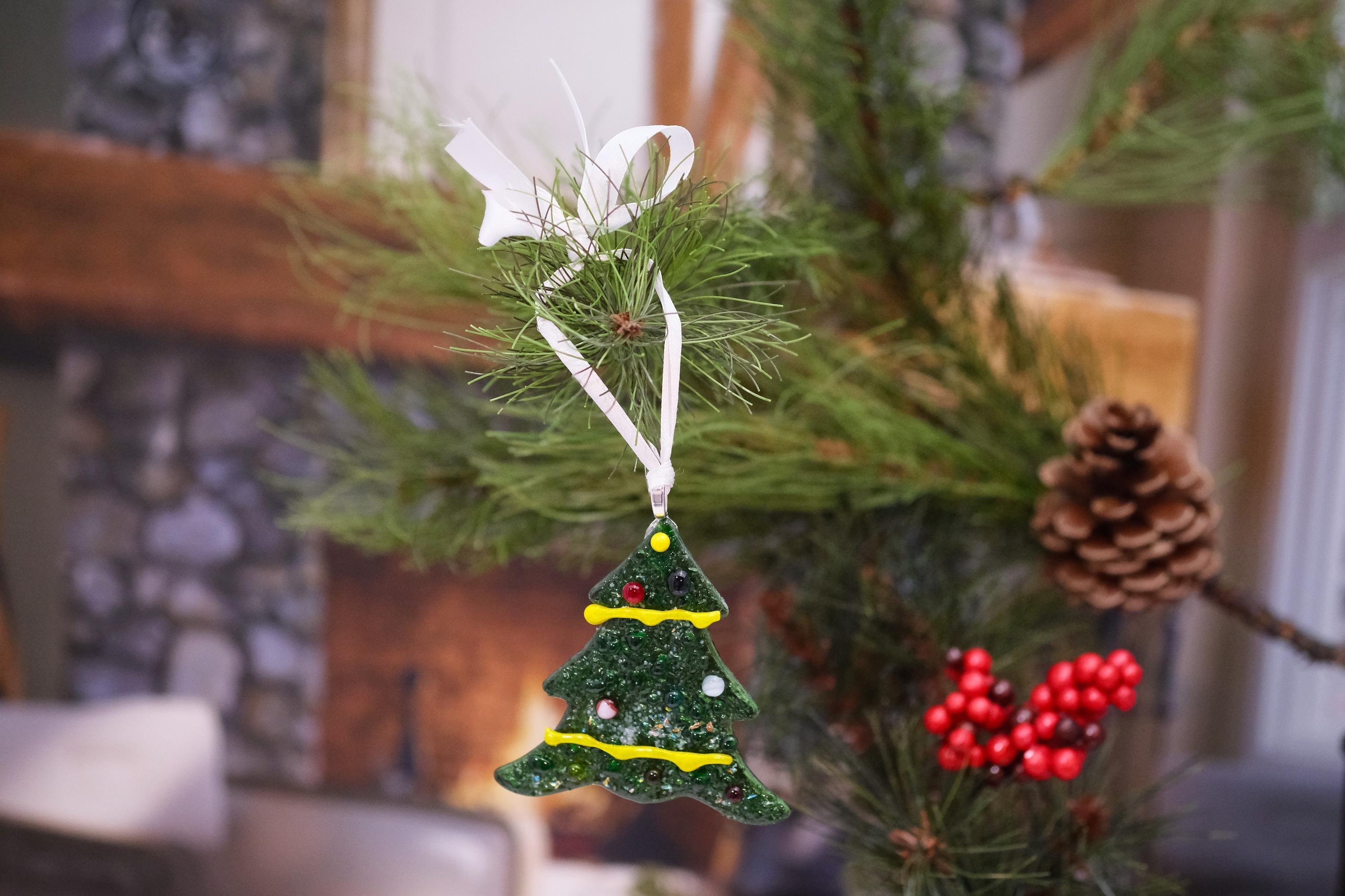 Whimsical Green Fused Glass Christmas Tree Ornament with Yellow Garland | 3.5 inches
